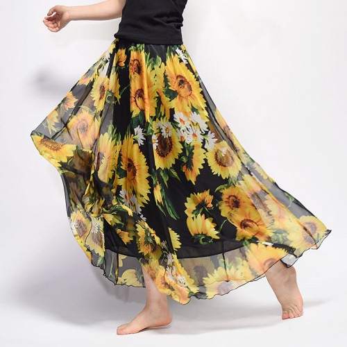 Summer Fashion Vintage Bohemia Chiffon Floral Printed Floor-Length Long Skirt